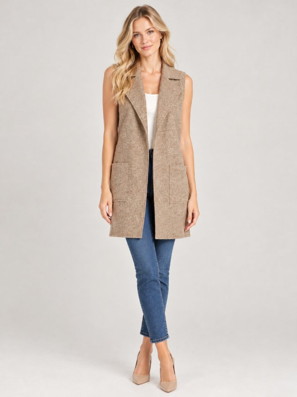 TAHARI Wool Blend Shawl Open-Front Longline Boucle Vest Cardigan Beige XS #A5209